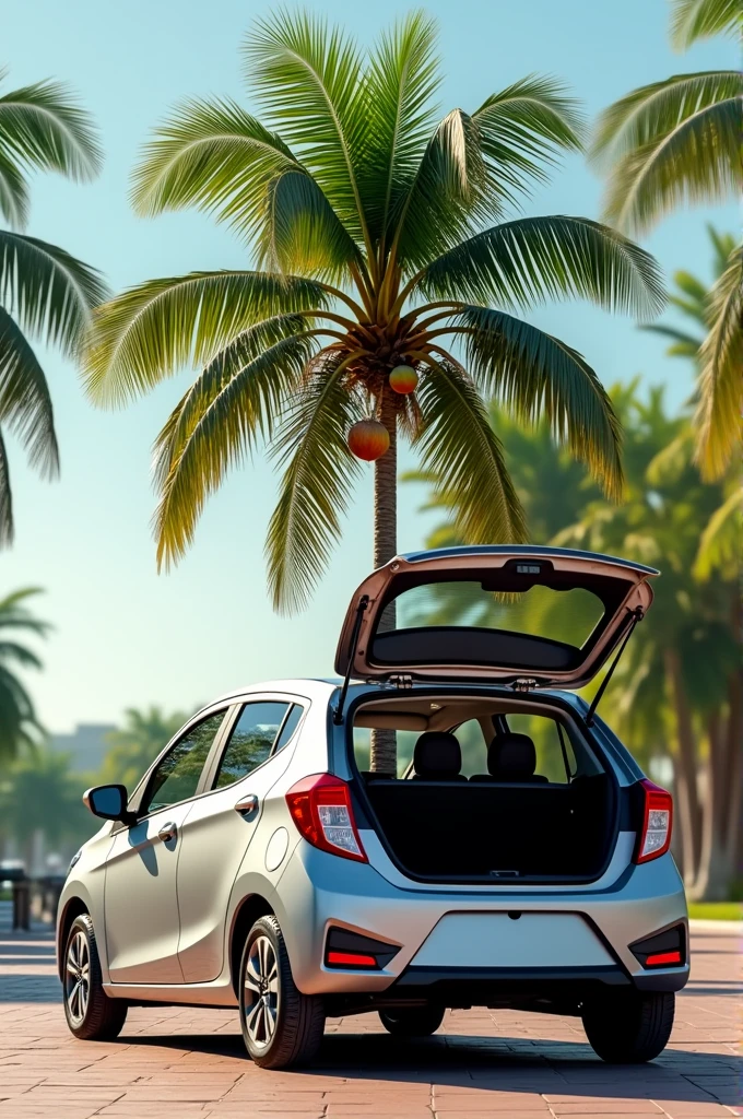 Silver Celta with open trunk with a coconut tree inside