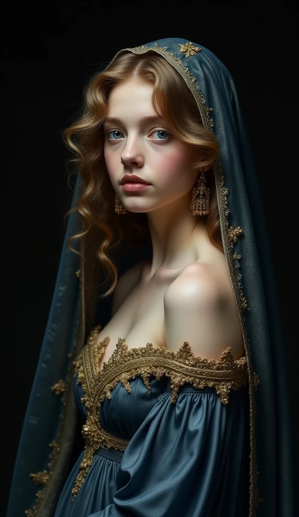 sargent painting. Photorealism、(black background!!!!!), Highest quality、Ultra-high resolution、The most beautiful!!!!! girl、(very extremely!!!!!! beautiful!!!!!!! highly detailed young face)、medium size Breasts、thin、、Translucent white!!!!! skin、 german!!!!!, Big bright blue eyes、wavy curly hair、 (body half in shadow!!!!!!), ( beautiful detailed gown!!!!! with golden details), (beautiful detailed dark!!!!!_blue!!!! veil!!!!!! over head with golden details), (bright topdown!!!!!! light!!!!!), (dark shades!!!!!!), contrapposto!!!!!!!!!!!!!!!!!, (receding into the dark!!!!!!!!!!!!), classical # Persephone # ancient greek goddess, greek # perfect woman, halfgirl, halfbody