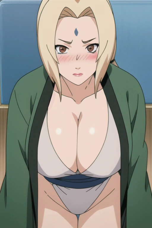 alone focus, alone, close, View your audience, lace underwear,(Lips parted:1.2), ((Tsunade)), 1 person,((Tsunade milf physique)),(Forehead mark ), ponytail,blonde,  eye,Hair Clip, eye, smile, from the front,Huge breasts,Thick thighs,((Sharp details High resolution body parts Perfect body parts )),(((blush、blush、Red Nose、blush、blush ))),(Sad expression),((1 person)),(alone), (In underwear), ((Front view)),((The distance between the viewers is long)),((Are standing))Beautiful white skin with a pinkish tint,4K,8k,16K, Look at this,Textured skin, 