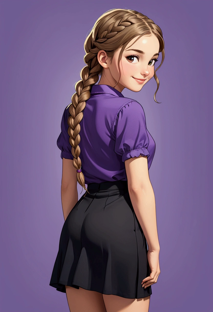 A beautiful young lady in Sarah Kay style, a beautiful British girl with light brown hair and two neat long braids. She is dressed in a tight black skirt down to her ankles and is wearing a short-sleeved violet shirt, she is posing with her back turned and smiling playfully.