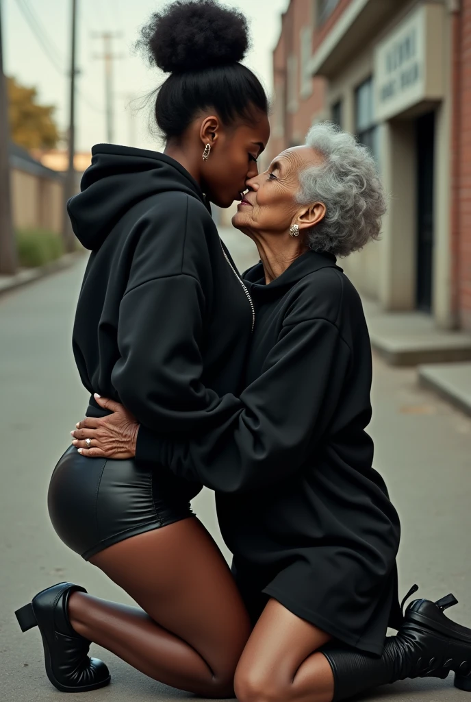 black woman hair in a bun black hoodie black leather short shorts a old grandma in a dress on her knees kissing her ass behind her squeezing her butt
