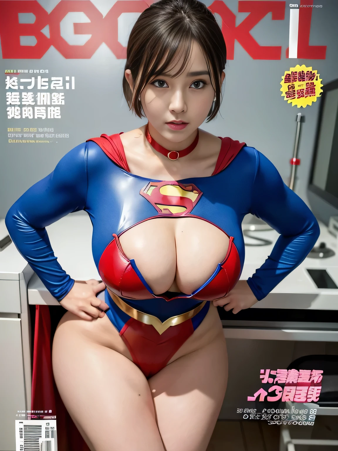 masterpiece、Rubber Supergirl Costume、short hair、barefoot、Big and ample breasts、looking at the camera、choker、Long sleeve、Cape、mini skirt、Off the shoulder、Sweaty skin、In front of the laboratory equipment、Photo magazine cover、Glamorous cleavage、Boasting beautiful legs、High leg leotard、Glamorous bare legs、Nymphomaniac young wife in her 30s、Close-up shot from the front、