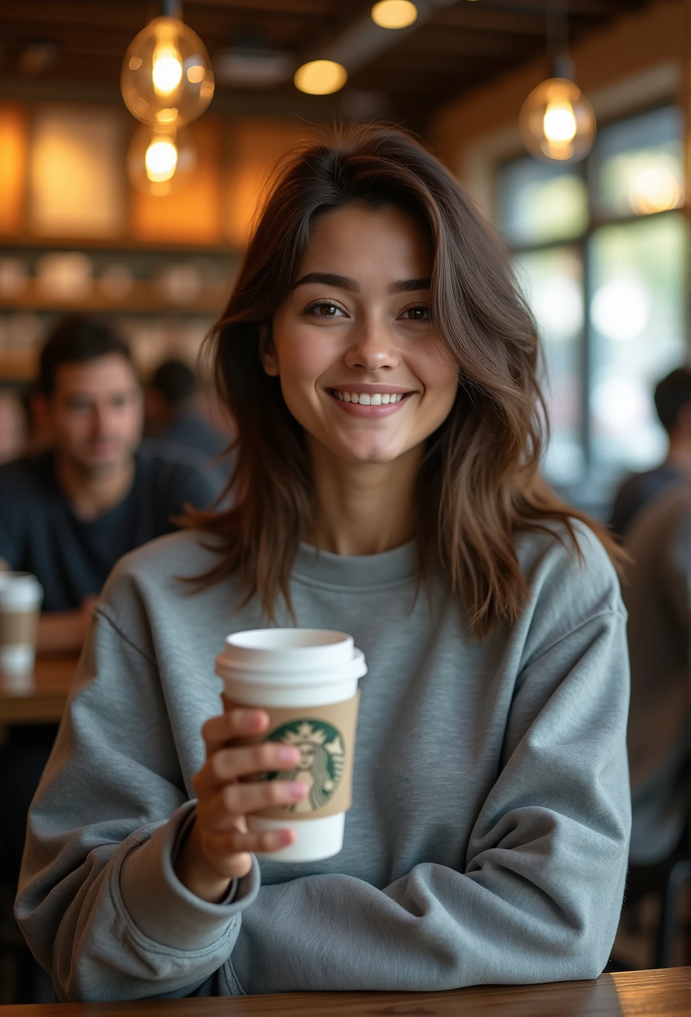Gorgeous 20 year old girl, with straight hair, Poil long, brown-hair, Brown eyes, métis, generous chest, tenant dans sa main café, dans un starbucks, realistic, smiling, habillé avec un sweat oversize gris, espagnole, with other people, assise