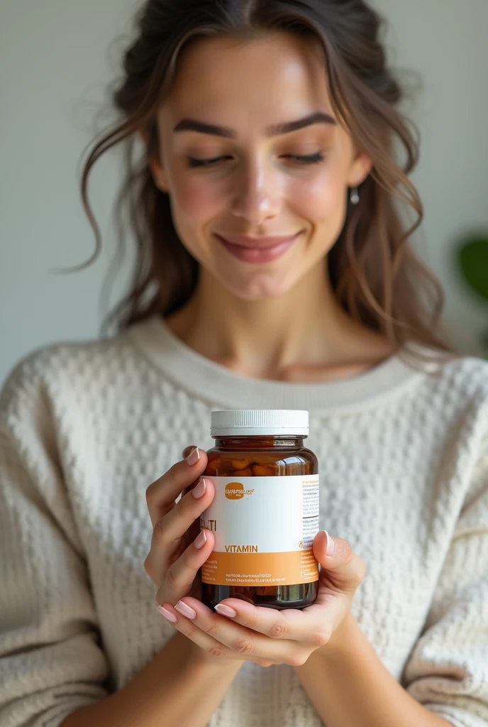 Search for the multivitamin jar on the internet and create a realistic woman holding the jar