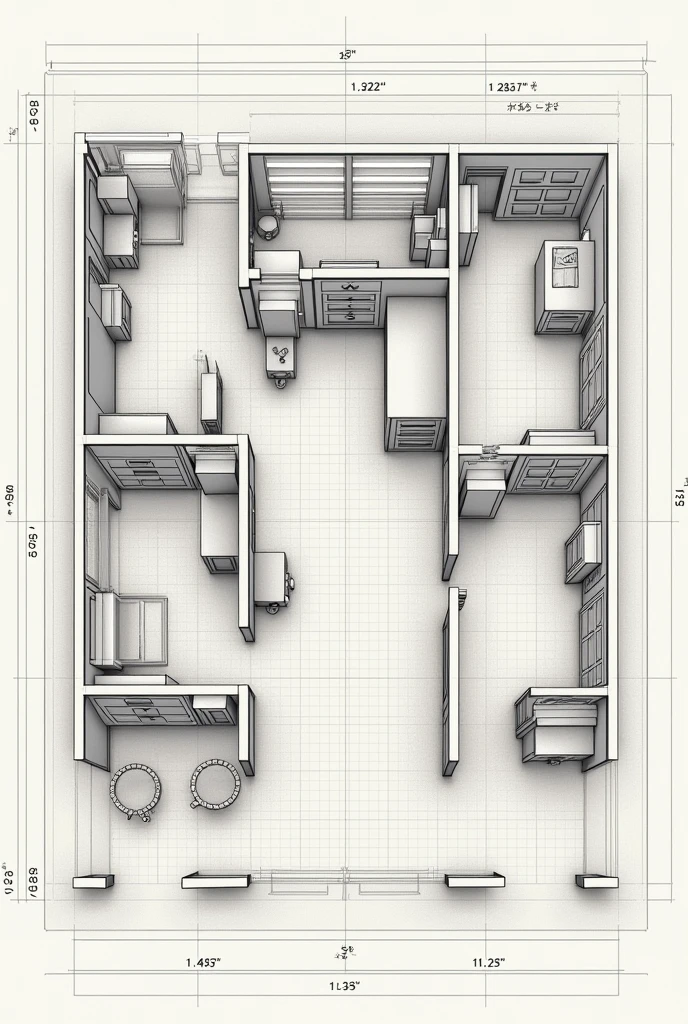 Create a blueprint of a house, showing the interior with rooms and drawers a room and everything with cabinets and all the furniture