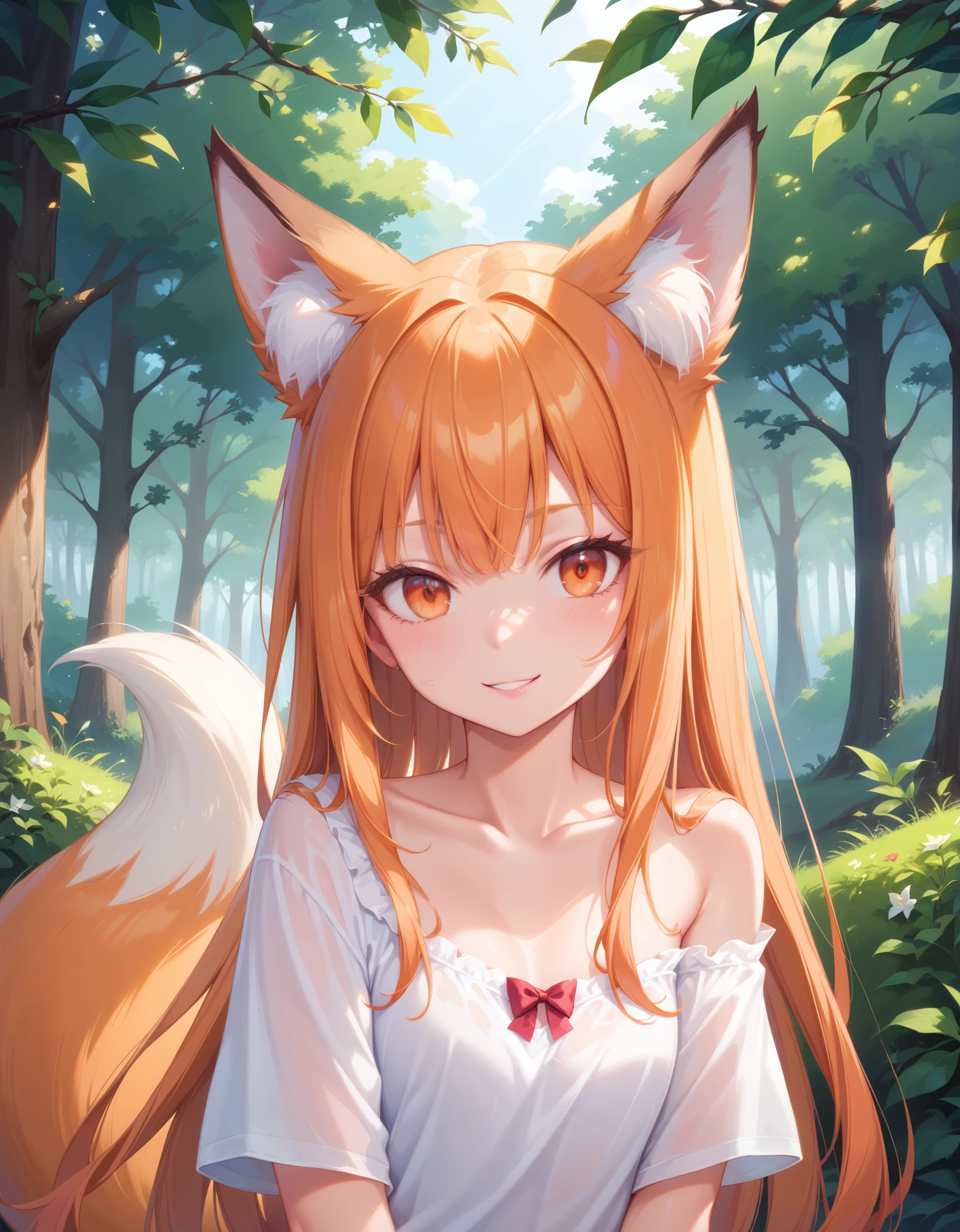 (absurdres,highres),(high quality,best quality),(masterpiece:0.5), 1girl,solo,(cute, petite:0.8),(flat chest:0.7),(skinny:0.5),(pale skin:0.5), BREAK orange eyes,looking at viewer, orange hair,fox ears,animal ears, smile, fox tail, outdoors,forest,,