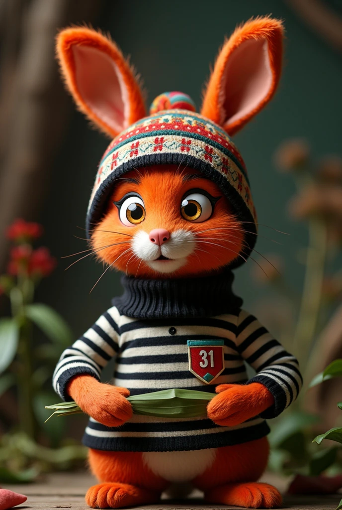 Short hair red rabbit puppet, The tips of the ears are square with yellow eyes with a black and white striped turtleneck shirt with a small pocket at chest height with the inscription "31" with an Aymara cap (a cool knitted blanket with colorful designs and llamas) and that he is grabbing coca leaves