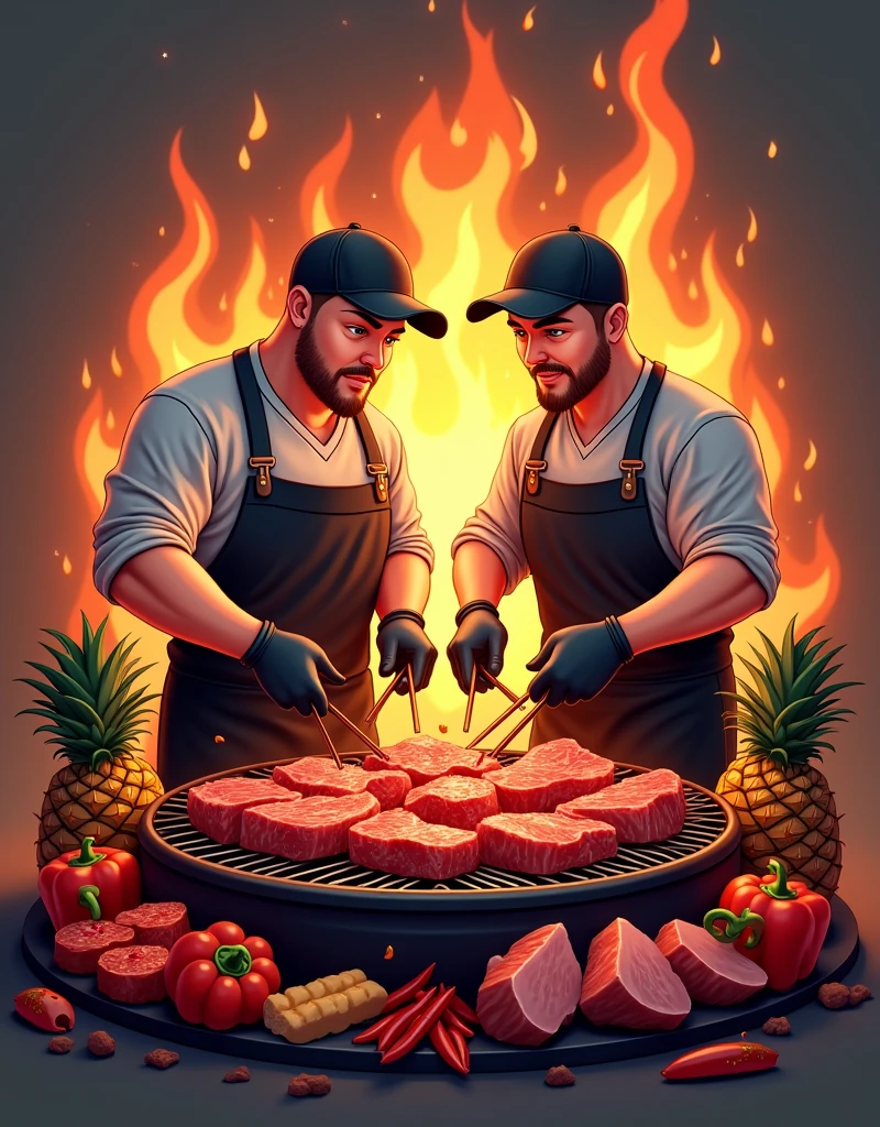 Create a professional logo , with barbecue theme on the grill , special roast meat cuts , two people , de avental preto , gloves and caps , two male friends in 3D drawing , one of the two chubby brothers , a little less realistic , feed the barbecue , and put pineapple and peppers , lots of embers and fire more meat more meat more meat