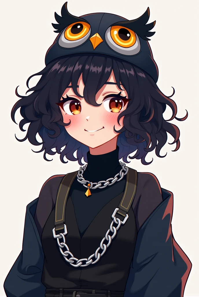 Make a dark-haired character with curly black hair, With a smile on his face, an owl hat, a black outfit with a silver chain, do this in the style of the logo for the YouTuber