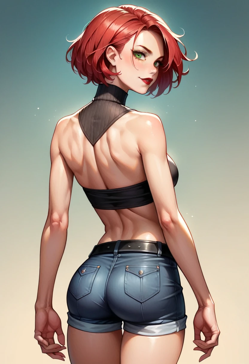 (high-level image quality), (high quality), (high resolution), (detailed), (masterpiece), beautiful woman, ((caucasian)), green eyes, red hair, short hair, dark red lipstick, slender body, perfect eyes, Detailed face, sexy black turtleneck, black shorts, black belt on the waist, portrait, malicious face, back view