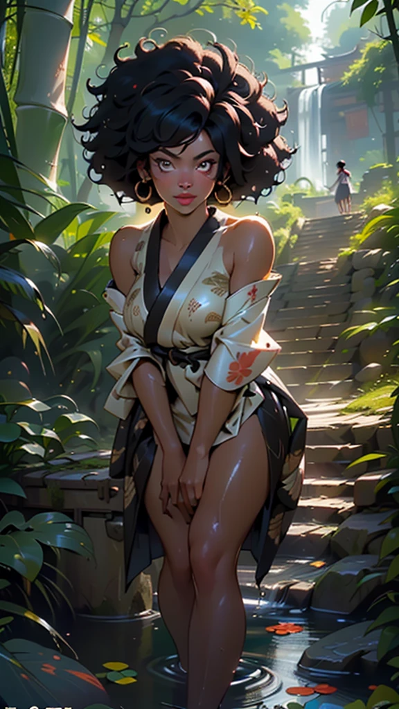 kimono girl(((1girl))),((cute and beautiful afro haired girl)),((((black race)))),

(large breasts:1.4),saggy breasts,((((black afro hair:1.35,((afro hair:1.35)),afrohair,afro:1.35,dark hair,black hair,)))),medium hair,((heterochromia:1.5, (yellow_eye and red_eye))),intricate eyes,beautiful detailed eyes,symmetrical eyes,((fat)),((((tan,dark skin,black skin:1.35,dark-skinned_female,dark skin:1.3,ebony skin,lustrous skin:1.5,bright skin: 1.5,shiny skin,very shiny skin,shiny body,illuminated skin)))),(spider lower abdomen,narrow waist,wide hip,athletic body,inflated legs, thick thighs),((detailed face)),

cute,slutty,sensual,seductive look,seductive,erotic,enchanting,((nsfw)),

(((kimono,half-naked kimono:1.5)),(((color palette limited to gold y black))),(((wet clothes))),an armored arm,((bare legs, bare foots, bare shoulders)),

(dynamic pose:1.0),solo focus,embarrassed,(centered,scale to fit dimensions,Rule of thirds),

outdoors,(waterfall,bamboo,river,bamboo forest,japanese temple,red lanterns burning,temple in the forest,mossy stairway in the temple,dilapidated temple,bamboo sanctuary,),scenery,extremely scenery,(puddles everywhere,moss,moss on the background),clouds,lily pads,(sunset, golden hour),

(Glossy japan ornaments),highres,sharp focus,(ultra detailed,extremely detailed),(photorealistic artwork:1.37),(extremely detailed CG unity 8k wallpaper),(((vibrant colors,vibrant theme))),(intricate),(masterpiece),(best quality),artistic photography,(photography taken by sldr),(intricate background),perfect rendered face,perfect face details,realistic face,photo realistic,((intricate detail)),(((realism))),
