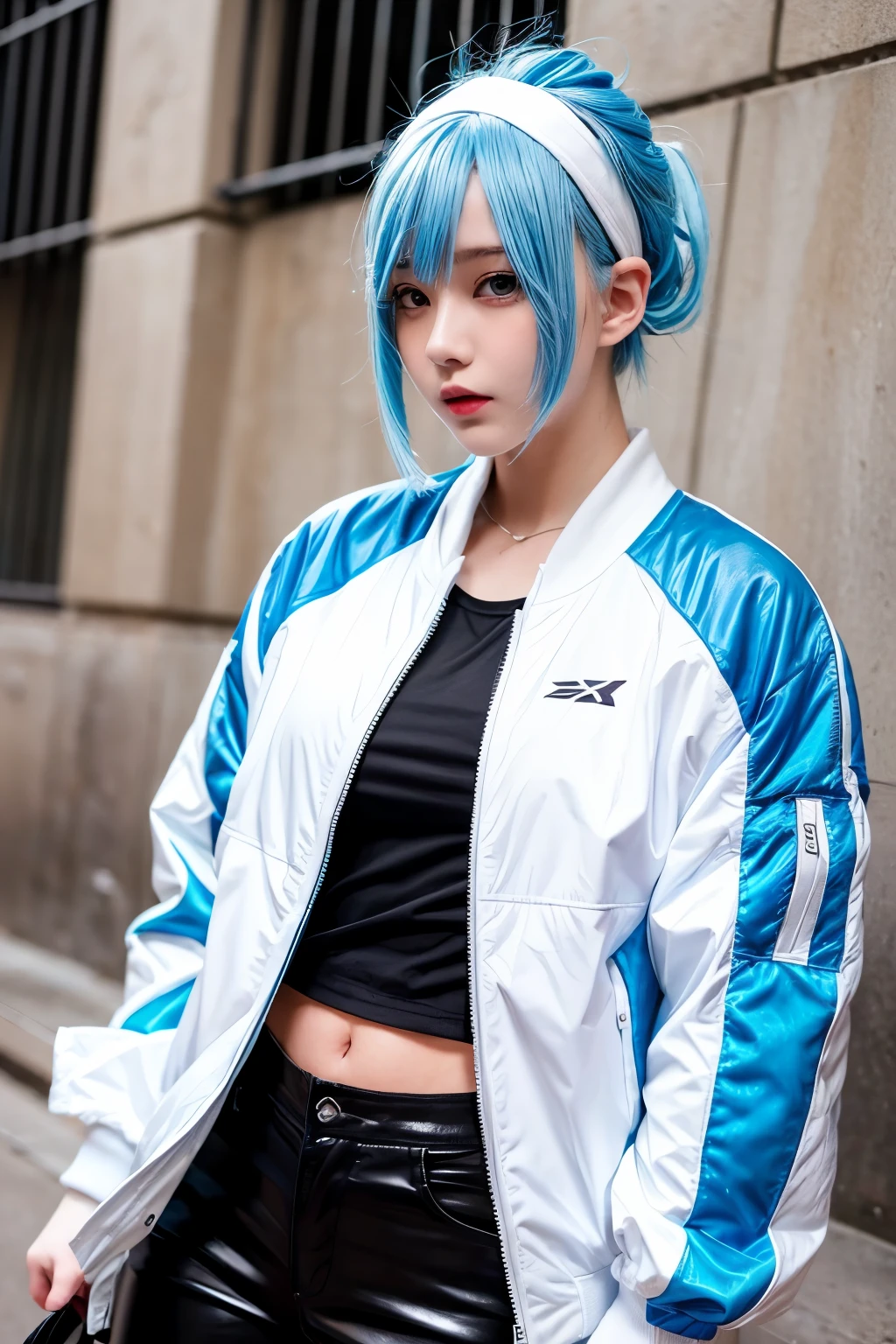 1girl, blue hair, white head band, short hair, sideburns, black shirt, white jacket, black pants, black sports shoes