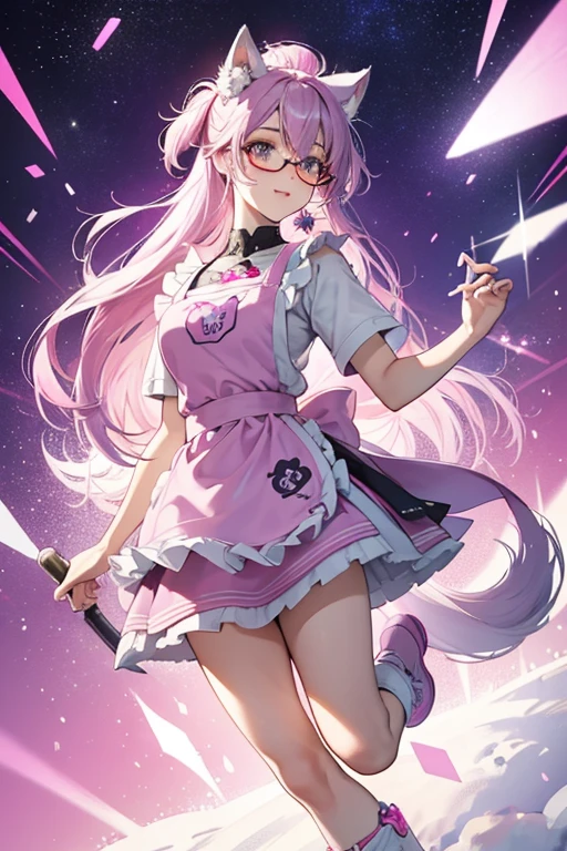 adley is a grey husky with a grey tail, pink flower on her left ear, and purple and pink hair.
She wears a white top with a pink apron design. Her pink skirt is covered in multi-colored dog bones and stars.
She comes with yellow glasses and white shoes.  SPARKLE; GLITTER