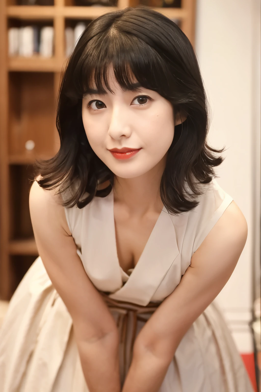 Masterpiece, photogravure, highest quality, clear contours, (One Girl, alone), Japanese woman, 30 years old, lipstick, cute face, detailed face, beautiful eyes, detailed eyes, focus on the eyes, bob hair, Anatomically correct body structure, wearing body-fitting costumes, getting on all fours, lifting butts, shot from the front
