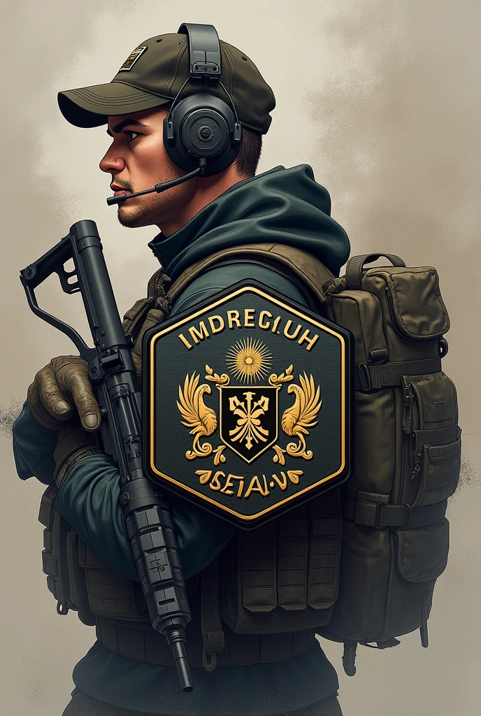 Create Hexagonal Rubber Patch, military coat of arms with the name Lukinha Airsoft and an operator carrying an m4 rifle wearing a cap and headphones