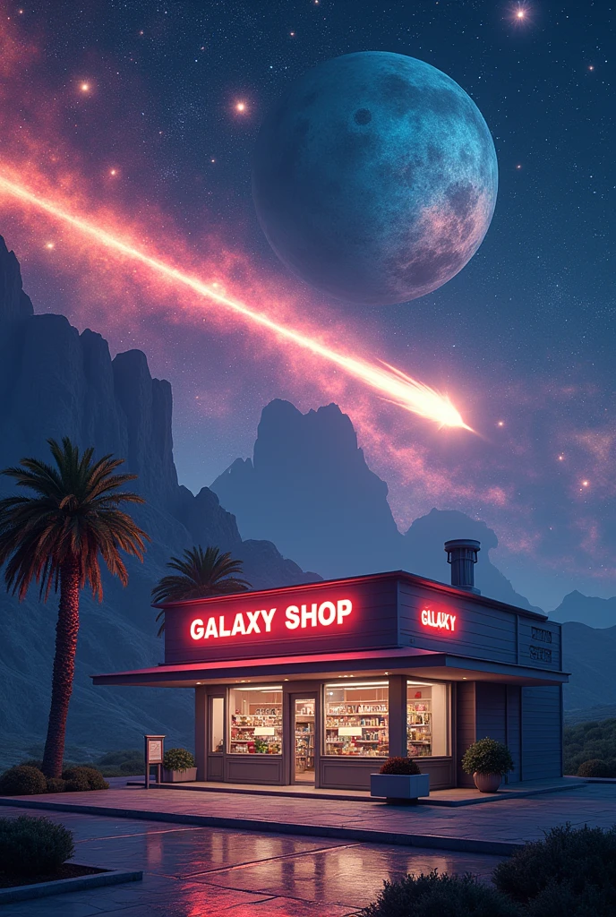 A store named Galaxy Shop in the middle of a galaxy and a meteor passing in the background and the meteor is of a medium scale and is a little out of focus 