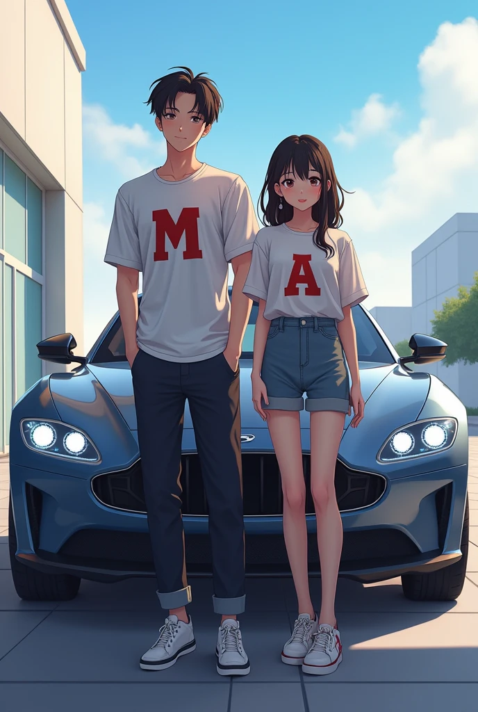 Korean anime couple with a modern car and initials M and A on their shirts looking at the camera 
