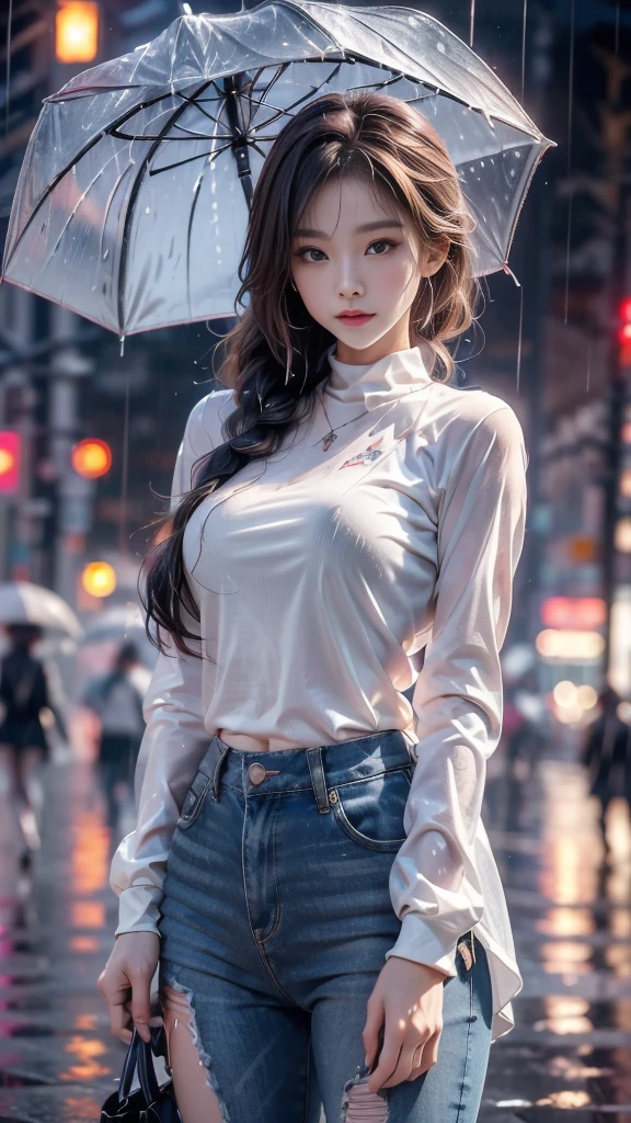 ulzzang-6500-v1.1, (RAW photo: 1.2), (Real photo), (Real photo: 1.4), 1 girl、Perfect anatomy、1、Looking at the camera、Medium length hair, pigtails on both sides, Wet hair in the rain, soaked clothes, no umbrella, walking on the street, ((on the street without a single person, in the rain under the cold night sky: 1.2)), (Wet clothes: 1.2), (Business service)、Asian eyes Ella,