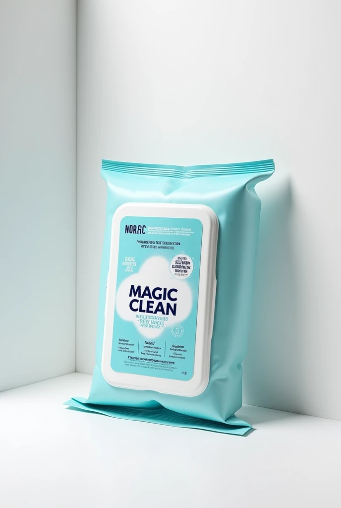 Create an image of a product called Magic Clean. It is a product that promises to remove stains from fabric. The product itself looks like a wet wipe. Just create the packaging.