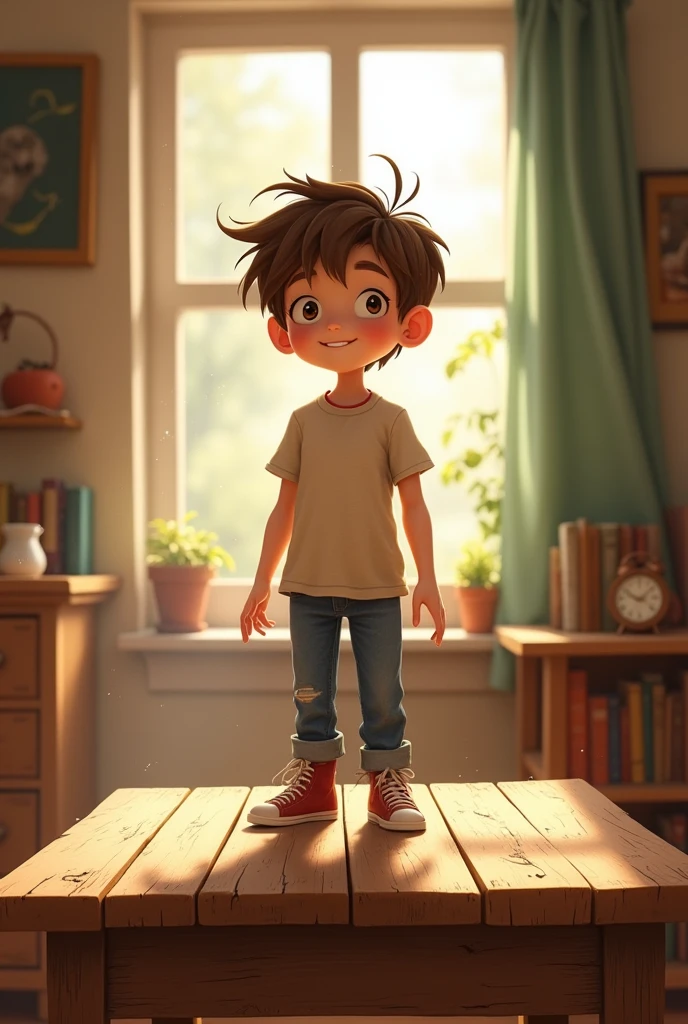 A boy standing on a table
