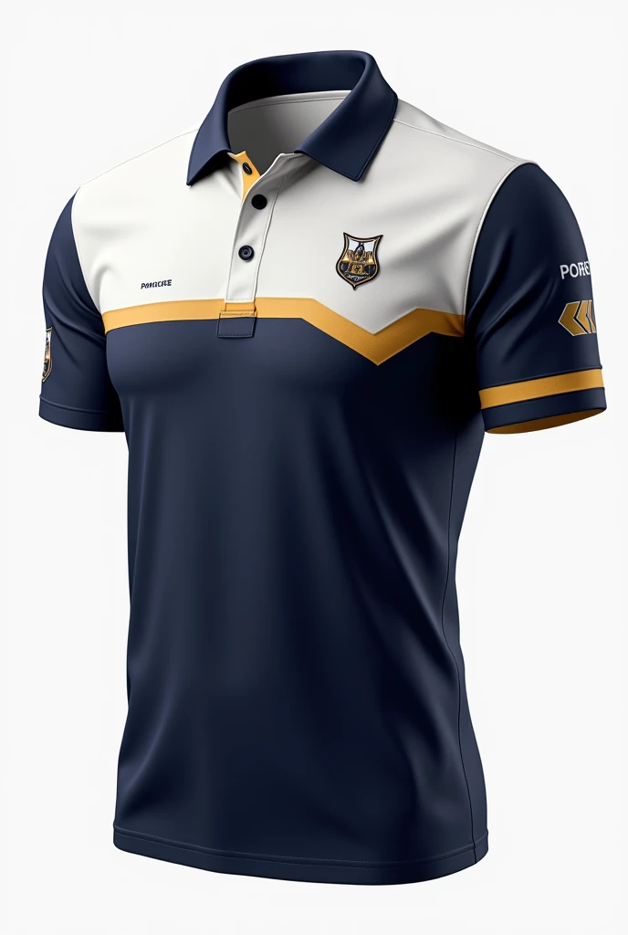 make me an organizational polo shirt for our uniform. color white, navy blue, and super less mustard. put design, graphics