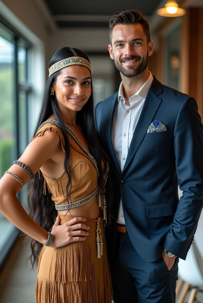 full body shot, two people one , an attractive woman in native costume,  Pocahontas, smile, Portrait of a young Pocahontas, Portrait of Pocahontas, warrior dress, and a man in a futuristic suit, They are standing in an office where there is a sign that says digital marketing in the background.