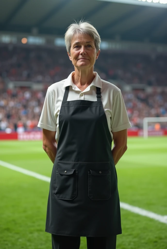 Create a married middle-aged female referee dressed in an apron.