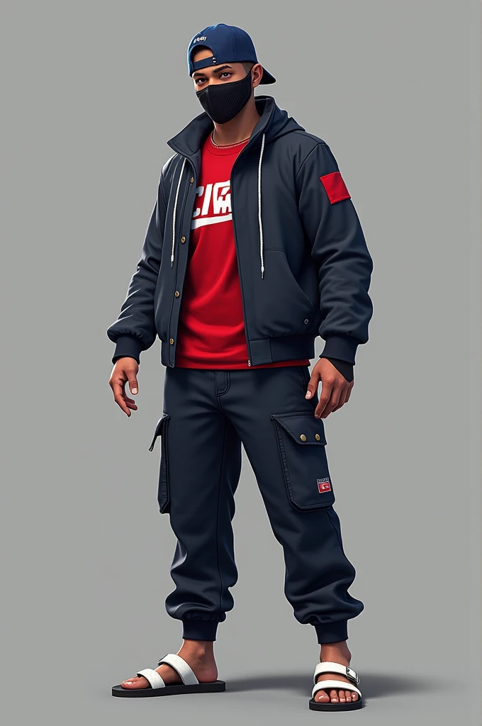 Free fire male character, very dark blue backwards cap, Black eye, black mask, red team shirt, dark blue pants, white sandal