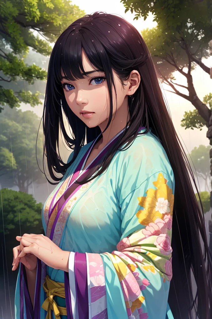 Heavy rain background、Field、in the forest、Walking in the river、On the run、In the fog、war (Highest quality,4K,8k,High resolution,masterpiece:1.2), Very detailed, (Realistic,Realistic,Realistic:1.37), High resolution, Hyper HD, Studio Lighting, Ultra-fine painting, Sharp focus, Physically Based Rendering, Very detailed説明, Professional, Vibrant colors, Bokeh, Sports Late Night, Ancient War Landscapes, Traditional Chinese Painting Techniques, Atmospheric lighting, Vivid color contrast, Ethereal atmosphere,Very detailed目と顔, Beautiful attention to detail, Light on the face,豪華なHanfu (Hanfu: 1.1),My whole body is wet、My clothes are wet and transparent、Nipples are visible、The nipples are pale pink、Dynamic pose、Rain clouds spreading across the sky、Heavy rain weather、Pouring rain、Wind and rain storm、((Soaked skin from head to toe))、((Rain-soaked clothes(Rain dripping from clothes))、((The lines of your body are clearly visible through your wet clothes...))、、Eye color is green、Tired look、Disheveled clothing、Slim figure、Small breasts