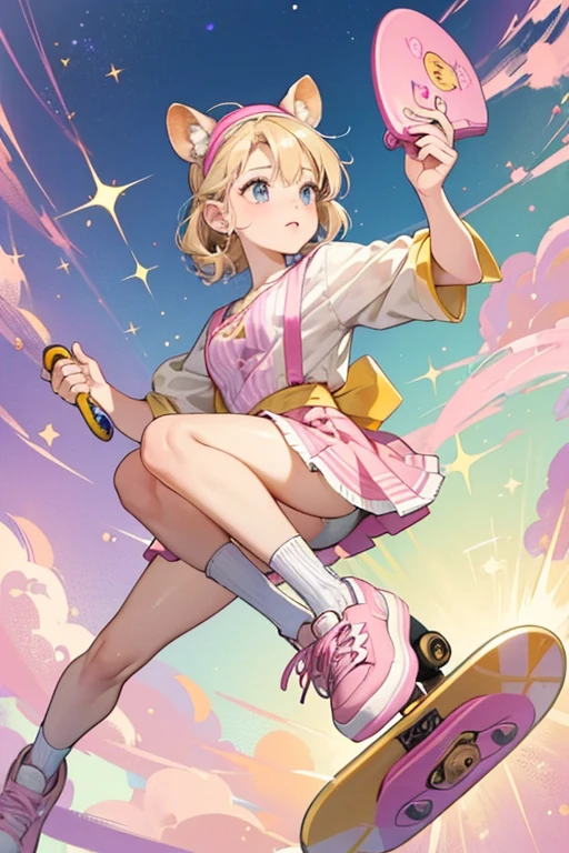Hardie is a beige hamster with beige ears. She has beige hair with a pink stripe.
She has a purple top with a picture of a hamster. Her skirt is light blue and covered in hamster images.
 She comes with a pink headband, pink shoes, and a yellow skateboard. SPARKLE; GLITTER