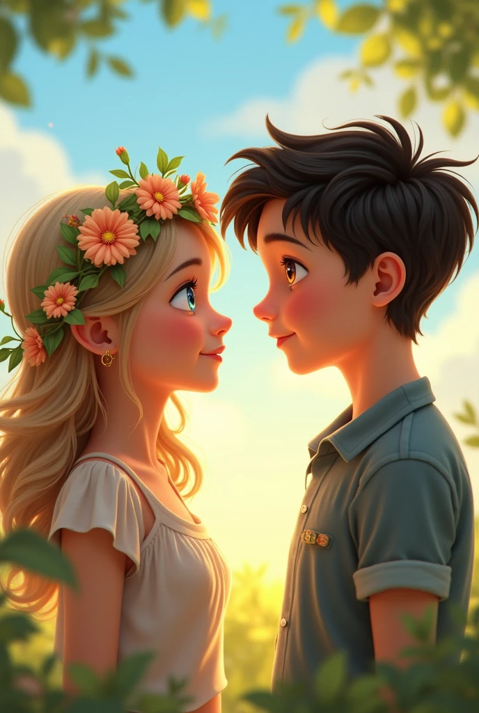 A blonde girl with blue eyes who likes a boy with black hair and hazel eyes