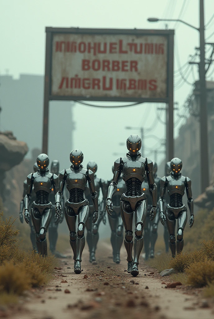 (photorealism:1.2), Army of robots walking across abandoned border with sign saying they are not human.