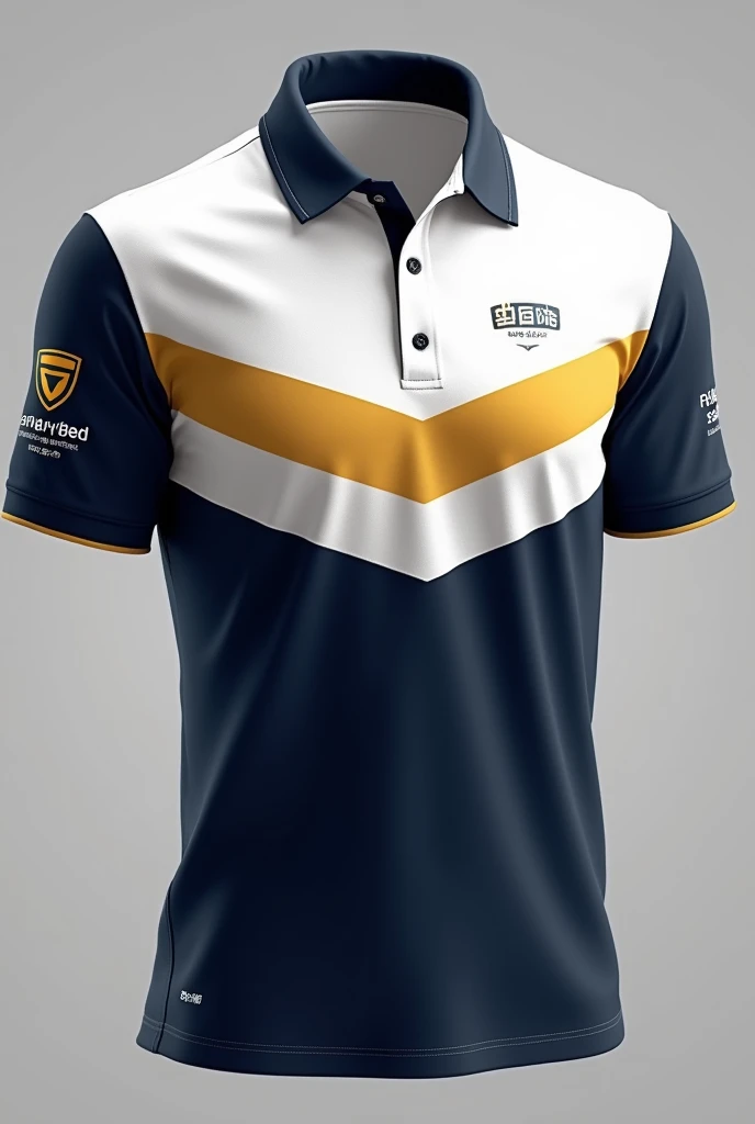 make me an organizational polo shirt for our uniform. color white, navy blue, and super less mustard. put design, graphics