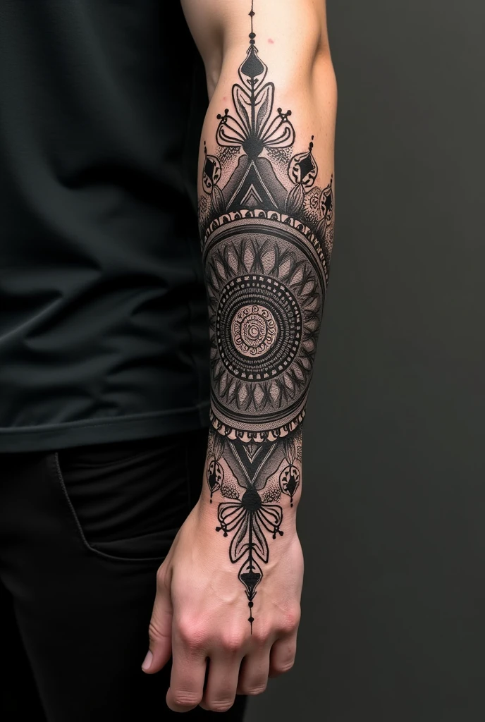 Tattoo on the entire forearm in blackwork style with a dark mandala along with some lines that let the skin show through 