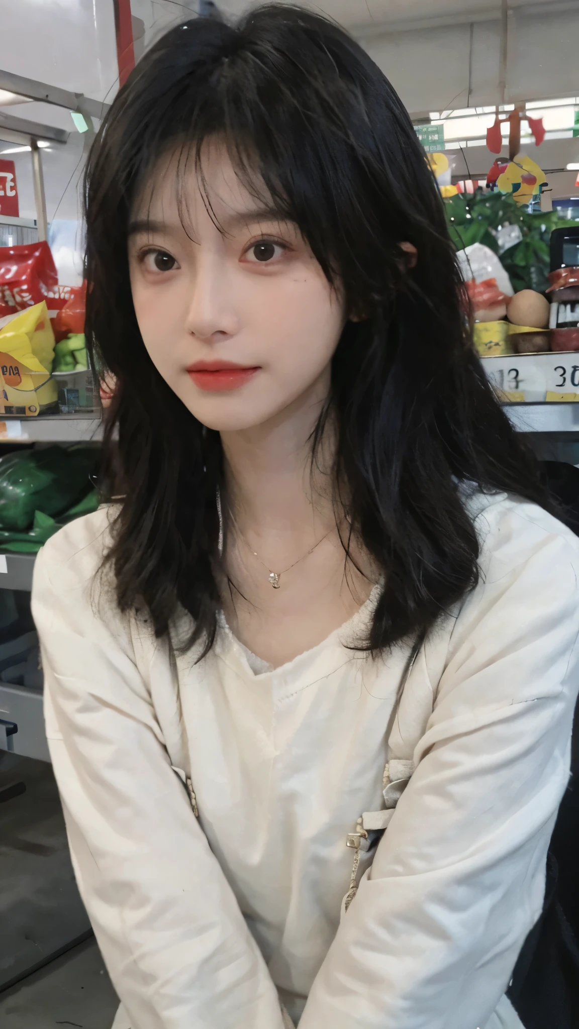 Best quality,Ultra-high resolution,(Realism:1.4),cute,cute发夹,girll,Cropped black sweater,Look directly at the audience,Full of atmosphere,Beautiful woman with a slim figure:1.4,supermarket,whole body,Super delicate face,Exquisite eyes,Double eyelids,necklace