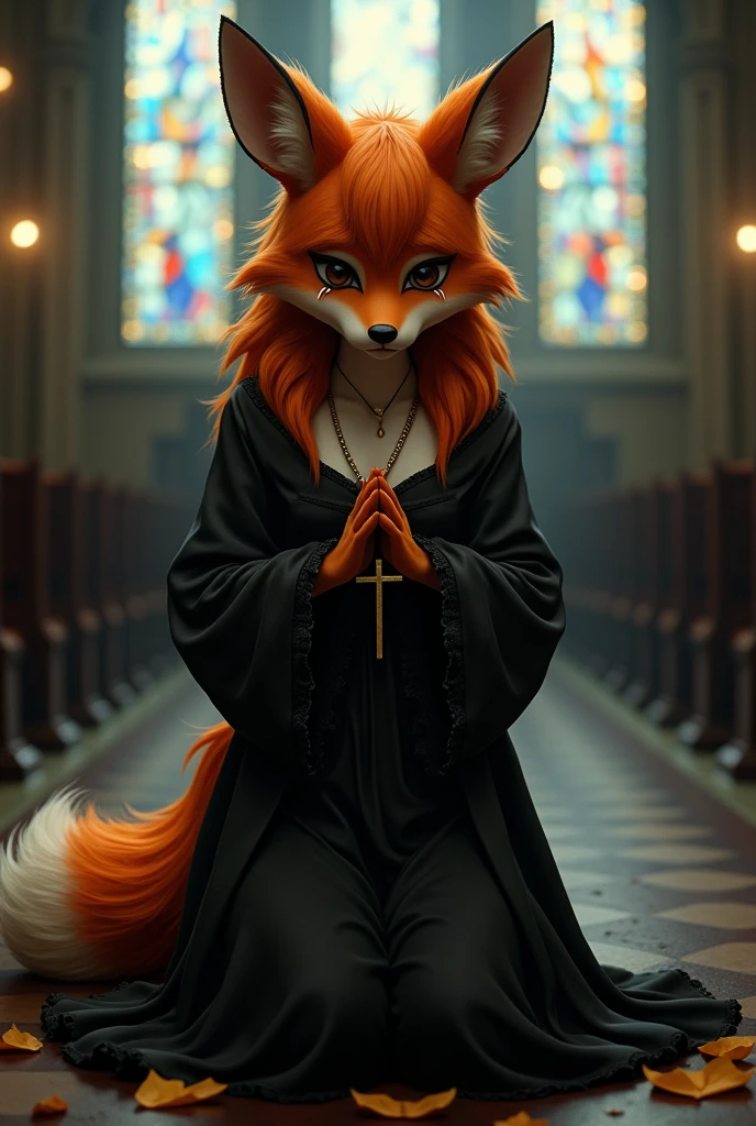 masterpiece, best quality, detailed, soft dim lighting, depth of field, anthro, Maid Marian, half lidded eyes, crying, kneeling, praying, black eyes, two-tone fur, orange fur, tail, barefoot, medium chest, sad, black clothing, ((praying, clasped hands holding a golden cross necklace)), frills, cathedral, moonlight, black choker
Realistic fur body, realistic eyes, best quality, intricate detail, absurd res, sharp focus, add more details, 