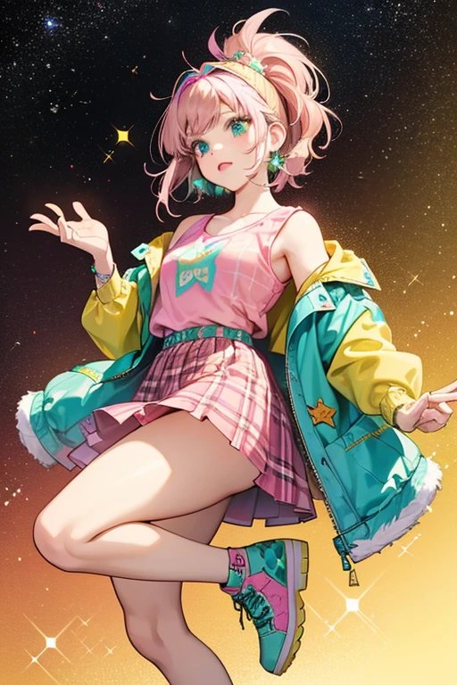 Hensley is a brown hedgehog with brown ears and pink hair.
She wears a yellow top with a hedgehog design and a painted jean jacket. Her skirt is a pink and green plaid with stars and spikes.
She comes with a silver spike headband and teal shoes. SPARKLE; GLITTER