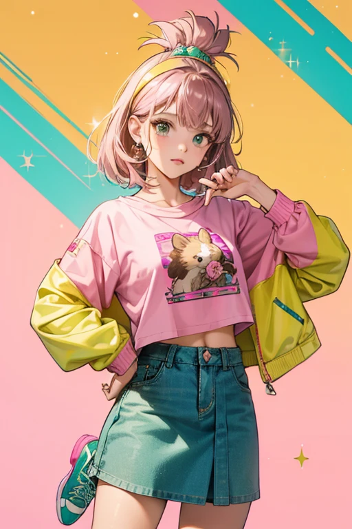 Hensley is a brown hedgehog with brown ears and pink hair.
She wears a yellow top with a hedgehog design and a painted jean jacket. Her skirt is a pink and green plaid with stars and spikes.
She comes with a silver spike headband and teal shoes. SPARKLE; GLITTER