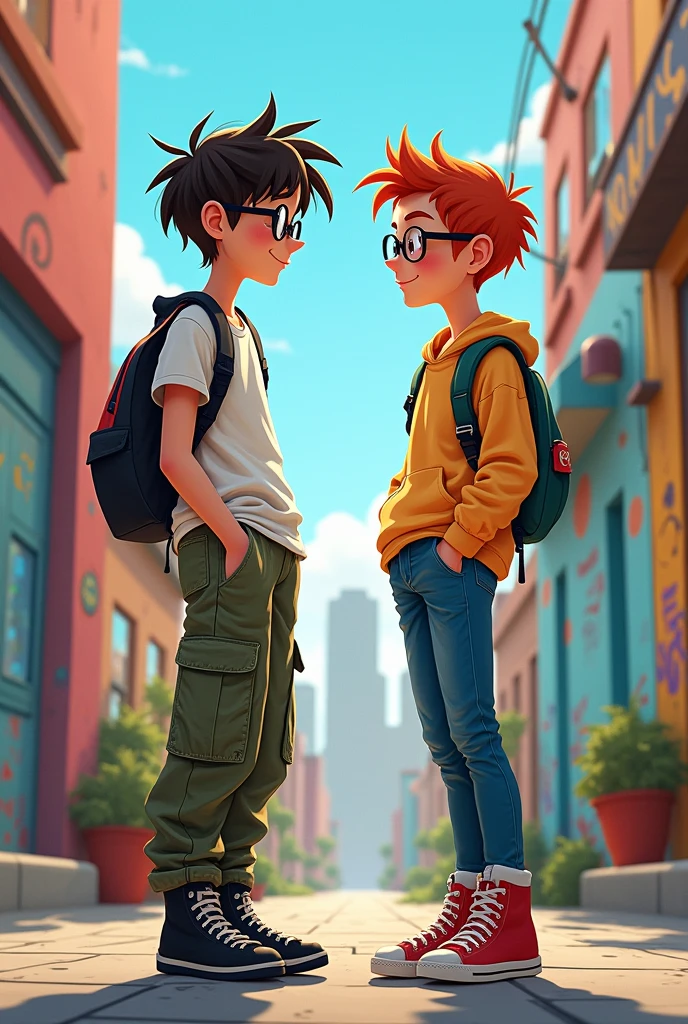 a tomboy girl and a femboy boy with glasses