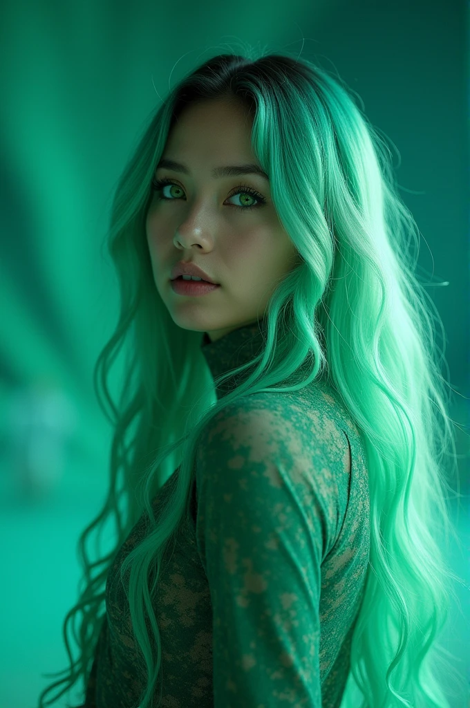 Stage Name:** **Aura**
- **Meaning:** Represents the Northern Lights, with a calm and inspiring personality.
- **Personalidade:** awe inspiring, kind and creative, with an artistic vision of the world.
- **Position:** vocalist, Dancer - **Appearance:** Long hair in a gradient of colors reminiscent of the Northern Lights, emerald green eyes, with a costume in shades of green and blue