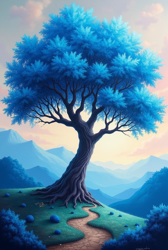 tree with blue leaves painting with acrylic landscape