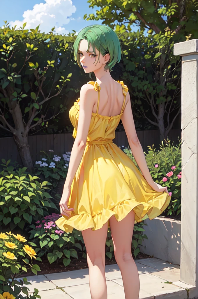 masterpiece, best quality,  fourmurasame, green eyes, purple lipstick, (yellow sundress:1.1), from behind, garden  edgYSD,woman wearing a yellow sundress, skyline, aqua hair