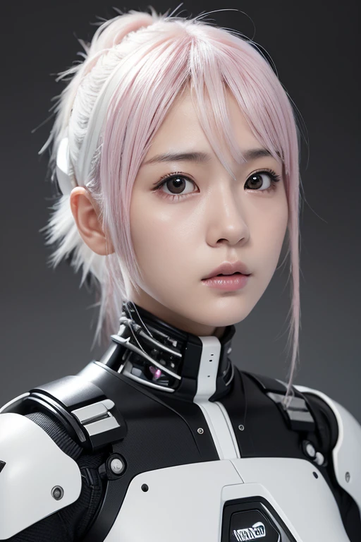 masterpiece, (photo realistic:1.2), (photo realistic:1.3), mechanized cyborg japanese girl, puffy face, broad jawline, light silver baby pink hair, (white and black:1.3)