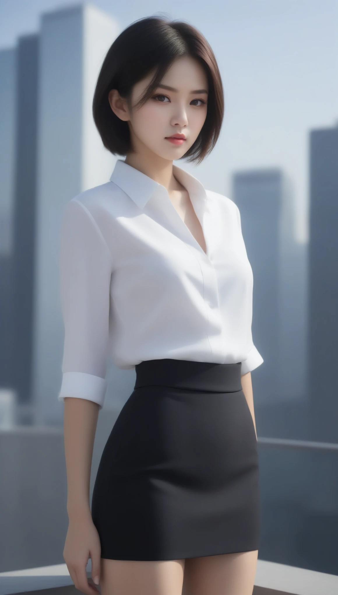 8k, Ultra-high resolution, Highest quality, masterpiece, 三分割法によるphotograph,Surreal, photograph, 1 , (:1.3), cute, cute顔, 細部までBeautiful Eyes, 細かくdetailedに,masterpiece,One Girl:1.2,Japanese women,Female announcer,cowboy shot,glaring,Black short hair,messy hair,from side,(White shirt:1.3),Blazer,Pencil Skirt,Rooftop,white collar,blue sky,Background of skyscrapers,(Beautiful attention to detail),Subtle details, detailedな顔,anger,Attractive eyes,(ポートレートphotograph:1.4),(Photorealistic images:1.4),Fantasy art,(Beautiful Face:1.4),美しくAttractive eyes、Beautiful Eyes,Silver residue,(Tight waist:1.4)、(Beautiful with perfect body proportions:1.4),Pink Lips,profile,(((Ideal body type))),A-cup small breasts :2,、Portraiture:2、Perfect Anatomy、鮮明なdetailed、detailed,Fashion magazine cover,Thin lips,完璧でBeautiful Face ,完璧でcute顔, Skin with attention to detail, Perfect limbs、Narrow waist,Surreal,Light and shadow,sunlight