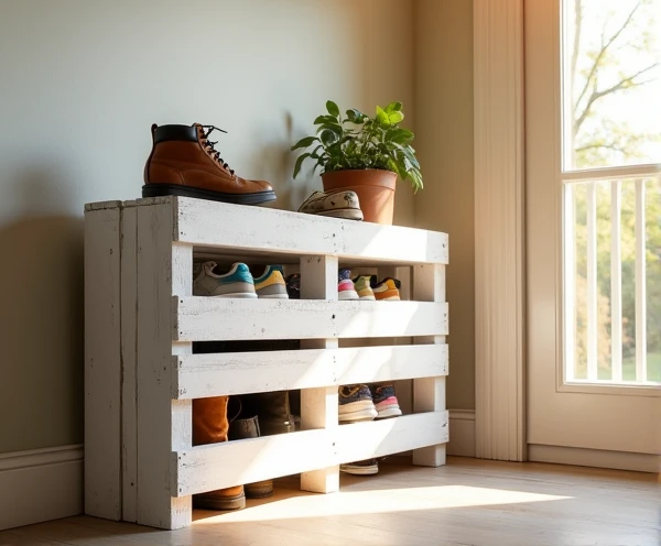 A wooden pallet repurposed as a simple shoe rack, painted in a bright white color. The pallet is placed in a well-lit entryway, against a light-colored wall. The shoe rack holds a variety of neatly arranged shoes, including sneakers and boots, with a small potted plant on top for decoration. Natural light streams through a nearby window, casting a warm glow on the scene, and creating a bright and inviting atmosphere with high contrast between the white pallet and the colorful shoes.