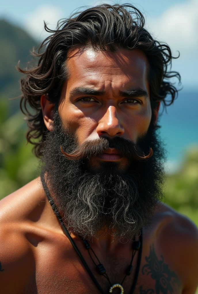 Dark-skinned man from Hawaii , with Italian and Greek nationality with a thick beard