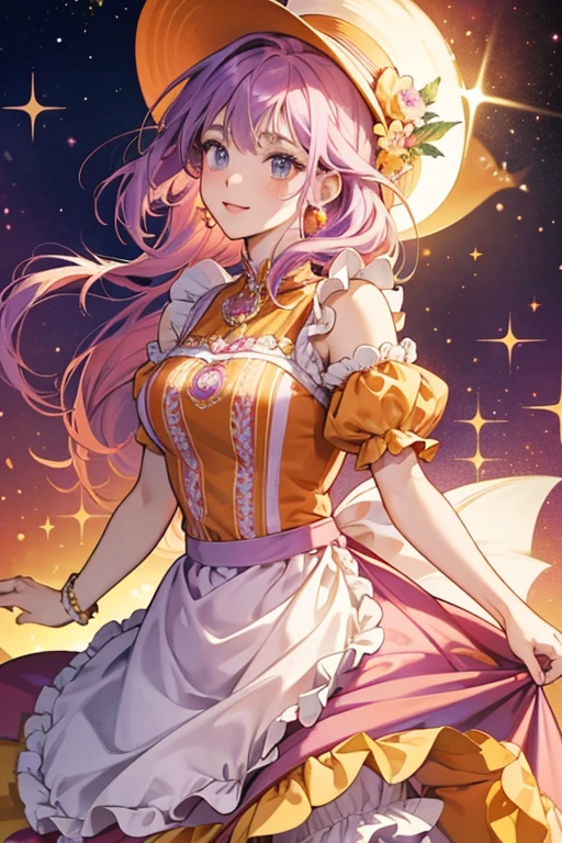 Martina is a light peach mermaid with purple hair.
She wears a yellow/orange/red top with the colors extending into her skirt with a purple ornate design and apron.
She comes with a dark pink baker's hat and removable fin. SPARKLE; GLITTER