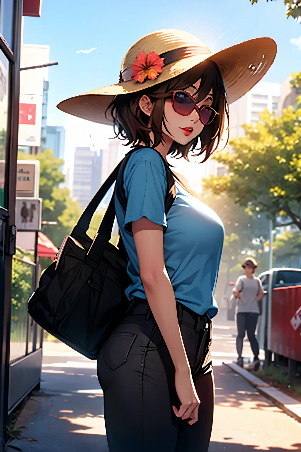 1girl, brown hair, short hair, sunglasses, sun hat with a flower in it, blue tshirt, black pants, blue sports shoes, lipstick, red lips, big breasts