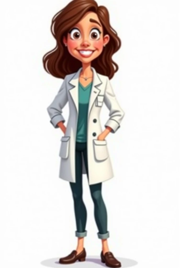 Woman in psychologist&#39;s lab coat standing full body cartoon drawing white background