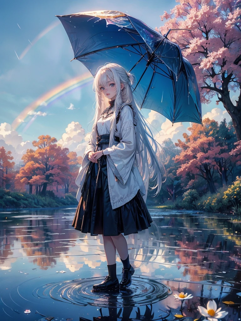 high quality, top quality,high resolution,1girl,solo,cute,white hair and long hair,after the rain, blue sky,rainbow in the sky,in park, puddle,wet flower